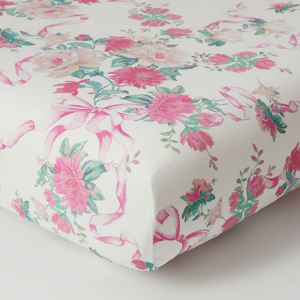 LoveShackFancy Cabbage Rose Bow Organic Crib Fitted Sheet Floral Baby Nursery